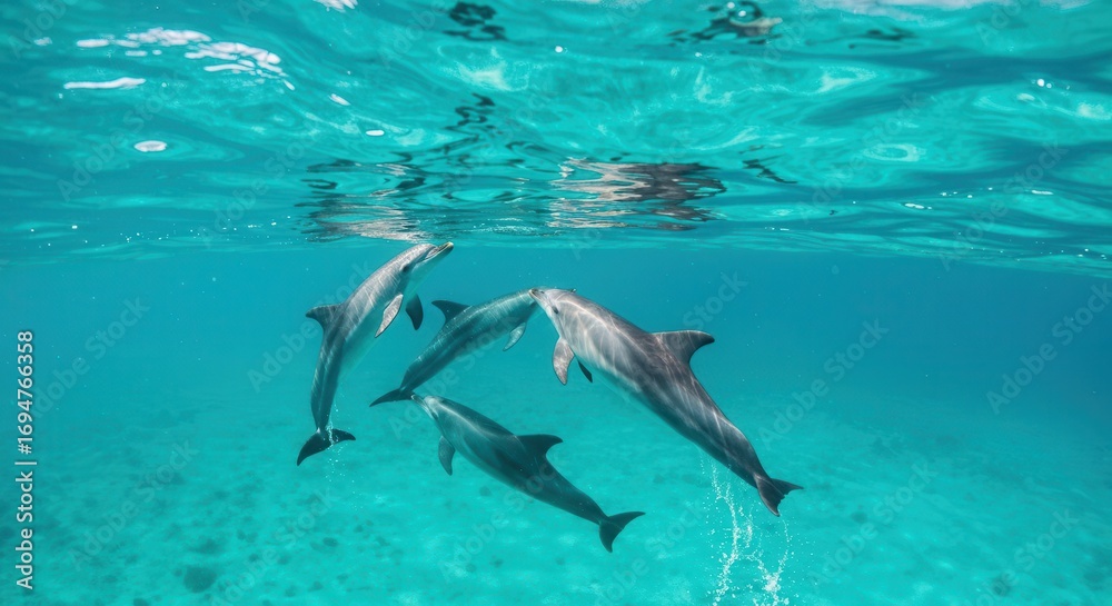 Obraz premium Four playful dolphins swim in turquoise waters, their bodies glistening under the surface.