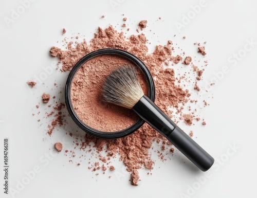 A circular makeup powder container with loose powder spilled around it, and a black makeup brush