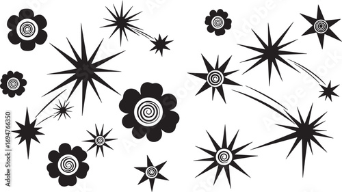 Set of isolated black graphic elements featuring abstract spiky stars, shooting comets, and stylized spiral flowers on a white background