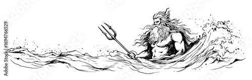 ancient greek sea god with trident – monochrome outline vector illustration
