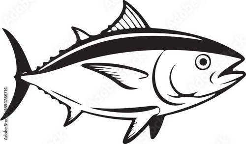 Black and white single line drawing of a tuna fish marine life ocean