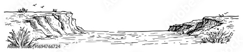 cliff coastline landscape – monochrome outline vector illustration