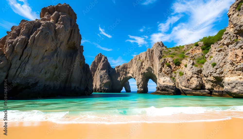 Fototapeta premium Coastal landscape featuring rock formations, turquoise water, sandy beach, and a bright blue sky.