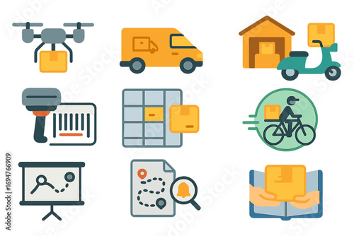 Delivery and logistics icon set. flat icons for shipping, distribution, and transport