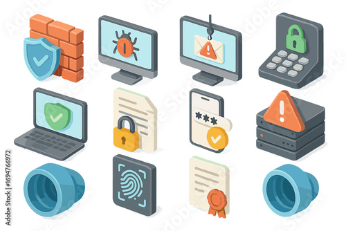 Data security 3d icon set. digital protection, cybersecurity icons collection