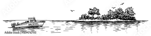 maldives island with boat – monochrome outline vector illustration