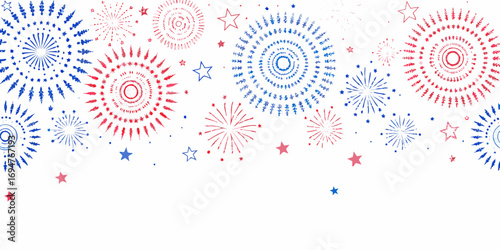 Festive red blue fireworks and stars pattern on white background for celebrations