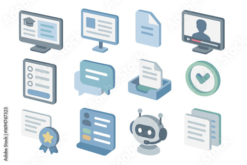 Education and technology 3d icon set. learning, online, chat icons collection