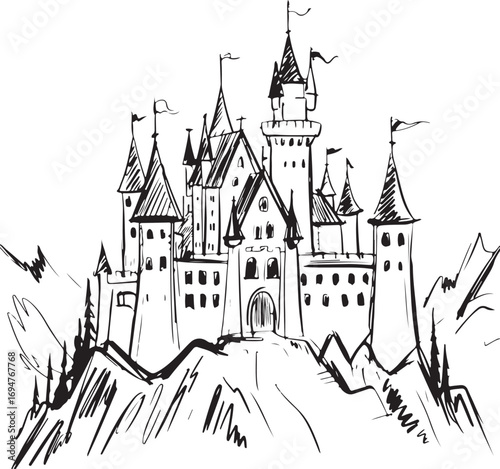 Black and white sketch of a fairytale castle on a hill with flags drawing illustration