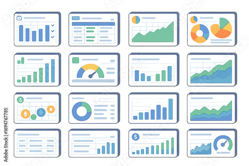 Data analysis flat icon set. charts, graphs, statistics, metrics, analytics, reports
