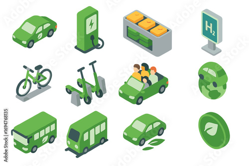 Eco-friendly transportation icon set. sustainable, green travel icons flat collection