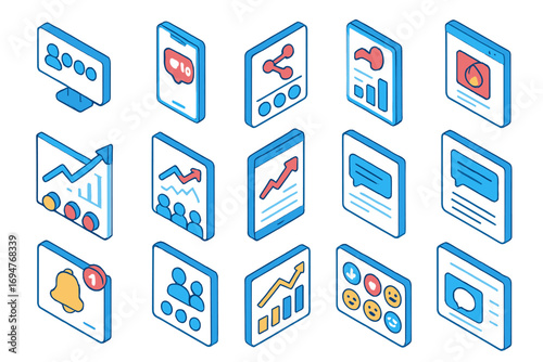 Social media analytics 3d icon set. data insights, engagement trends
