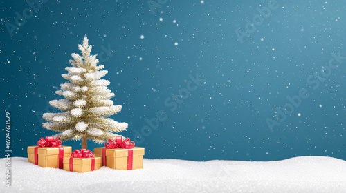 Christmas tree and gift boxes on snow