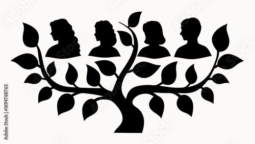 Silhouette family tree with four head profiles and leaves in black and white illustration art