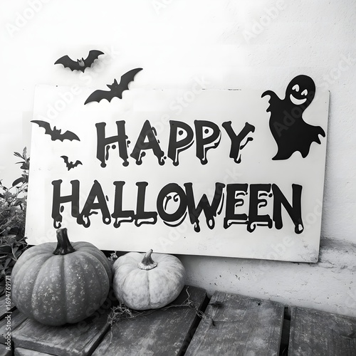Happy halloween sign with pumpkins and bats decoration