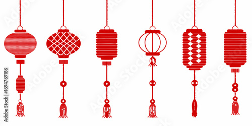 Collection of traditional red chinese lanterns with tassels hanging on white background