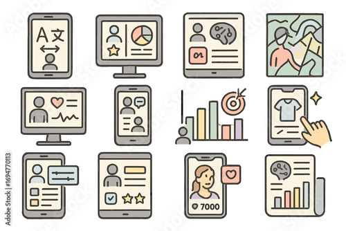 Education and learning outline icon set. interactive, digital, and online study symbols