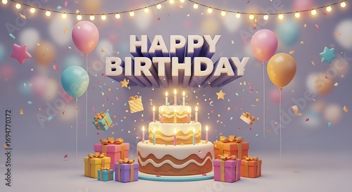 A cheerful birthday celebration scene, featuring a three-tiered cake, colorful balloons, presents, and confetti, all set against a soft, pastel background.