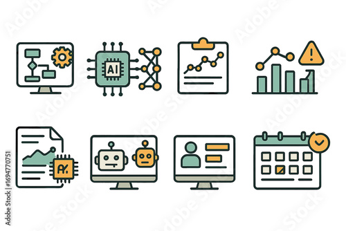 Data analytics filled icon set. ai, statistics, and visualization icons collection