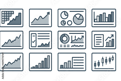 Business analytics outline icon set. data, chart, graph, stats, metrics icons collection