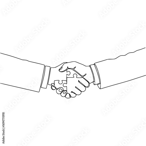 Hands shaking with puzzle piece between them in line art style, concept of partnership, common interests, psychological assistance, isolated vector image on a transparent background
 