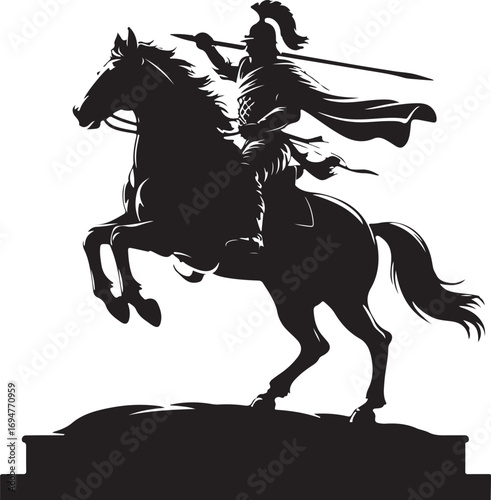 Black silhouette of a warrior on a rearing horse with spear and sword vector