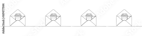 Isolated vector image in line art style on a transparent background, seamless border made of repeating elements in the form of envelopes with disposable coffee cups, creative concept coffee delivery
