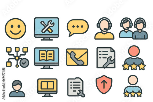 Communication and support flat icon set. customer service, call center icons collection