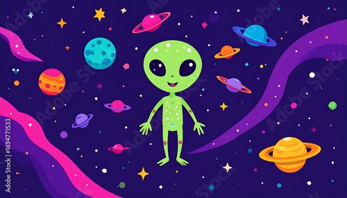 Playful Cartoon Alien Illustration Amidst Stars and Planets in Outer Space