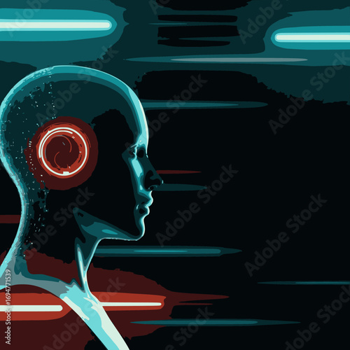 Humanoid head with glowing cybernetic elements and data flow.