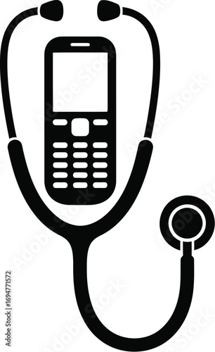 Stethoscope encircles a mobile phone, symbolizing the intersection of healthcare and communication technology.