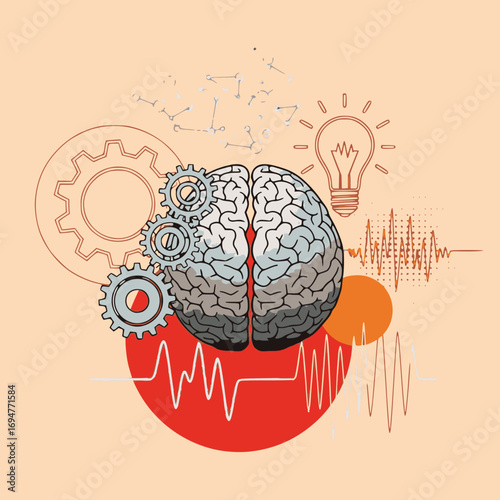 Human brain with gears and lightbulb, symbolizing creative thinking.