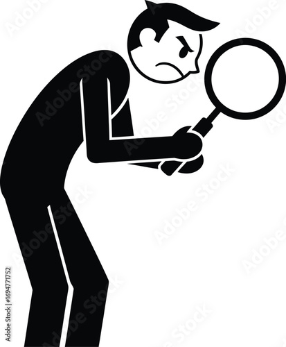 Focused person intently examining something with a magnifying glass, conveying curiosity and close observation.