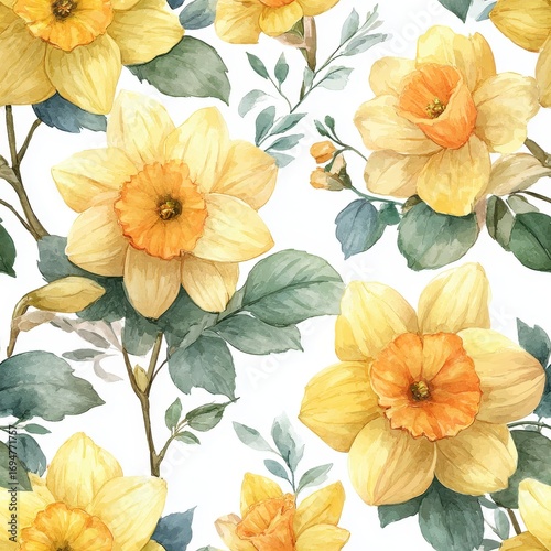 Wallpaper Mural Beautiful Seamless Pattern Of Watercolor Yellow Daffodils With Green Leaves Decoration Torontodigital.ca