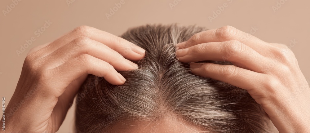 Obraz premium The Hair With Visible Gray Roots and Hands Inspecting Scalp in Close Up