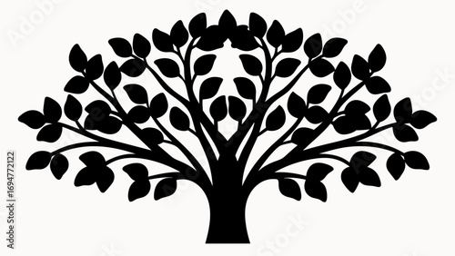 Illustration of a symmetrical tree with dense foliage in black silhouette against a white background