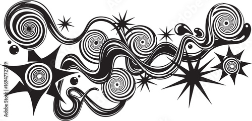 Dynamic black and white abstract composition featuring swirling lines, hypnotic spirals, and spiky starbursts creating a retro groovy design element