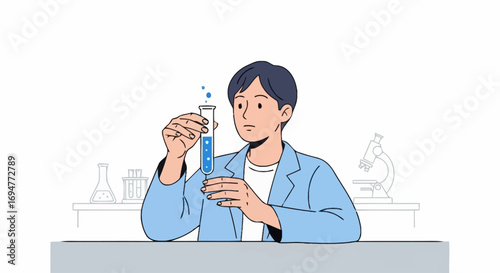Illustrated scientist conducting a chemical experiment with a test tube, showcasing scientific research and discovery for educational materials and medical advancements.