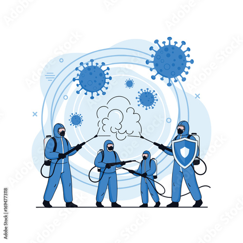 Professional disinfection team battling microscopic viral threats with advanced spraying equipment