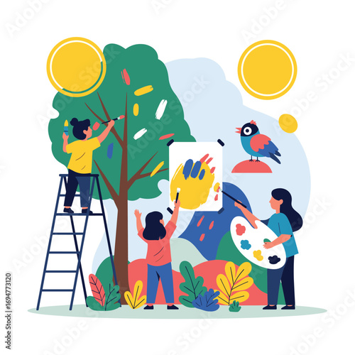 Diverse children happily painting a vibrant mural on a tall tree under bright yellow suns