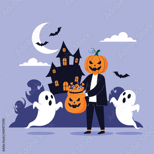 Spooky halloween night scene with a person in a pumpkin costume trick or treating near a haunted house with ghosts and bats flying around the moonlit sky