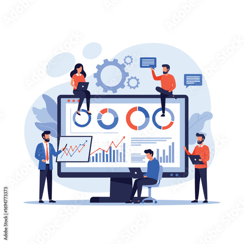 Business intelligence team analyzing financial data and performance metrics on a large monitor
