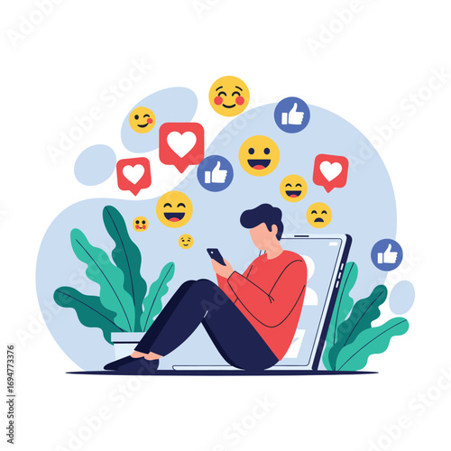 Young man engrossed in his smartphone surrounded by social media emojis and likes illustrating digital engagement and online interaction