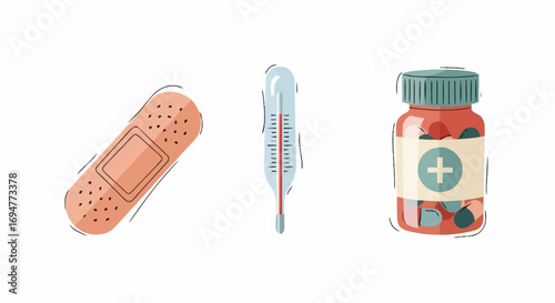 Medical First Aid Kit Essentials Featuring Bandage, Thermometer, and Pills for Health and Wellness Products