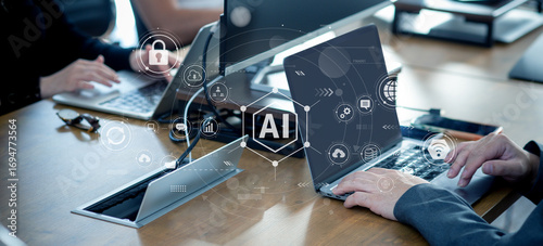 ビジネスシーン、生成AIを活用したデジタルワークフロー、クラウド、DX、デジタルネットワークイメージ