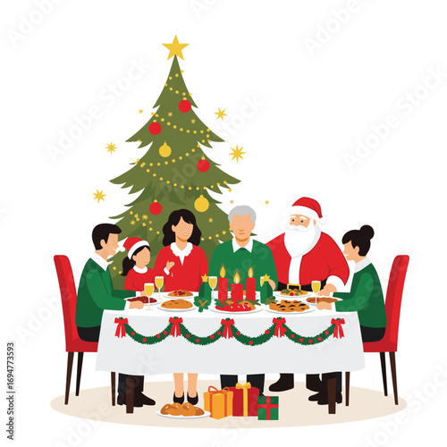 Joyful family gathering around a decorated christmas tree enjoying a festive meal together