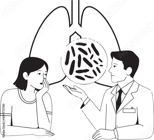 Doctor explains lung bacteria to worried patient in minimalist line art lungs illustration