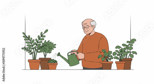 Elderly man watering plants at a table with potted herbs indoors  