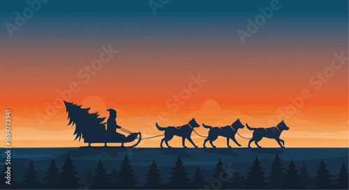 Dog sledding with Christmas tree at sunset over silhouettes of trees  