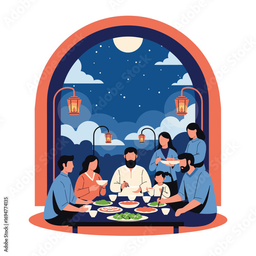 Family gathers for a delicious evening meal under a starry sky enjoying outdoor dining lanterns glowing warmly